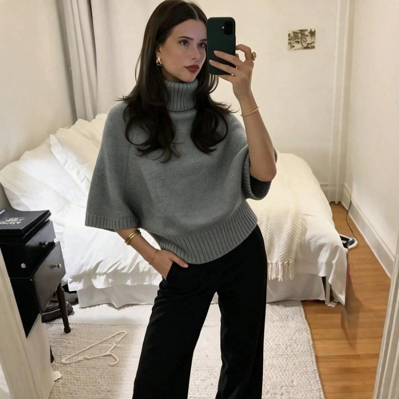 Women S Solid Gray Batwing Sleeve Turtleneck Fitted Pullover Knit Sweater