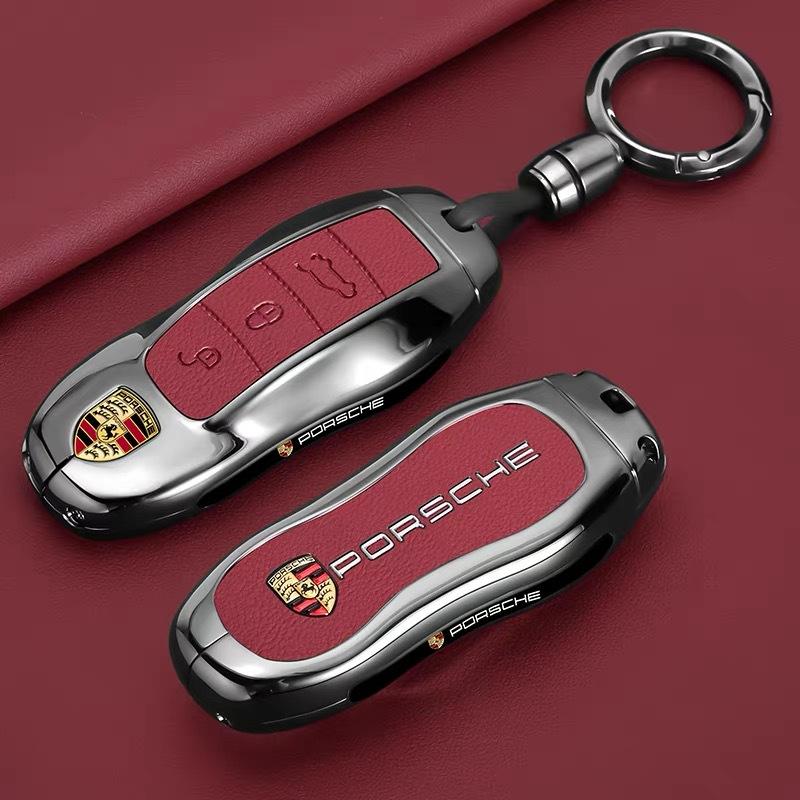 Zinc Alloy Leather Car Key Case Full Cover Protector For Porsche Cayenne Panamera Macan Cayman 718 911 Taycan Accessory Sticker EFD1