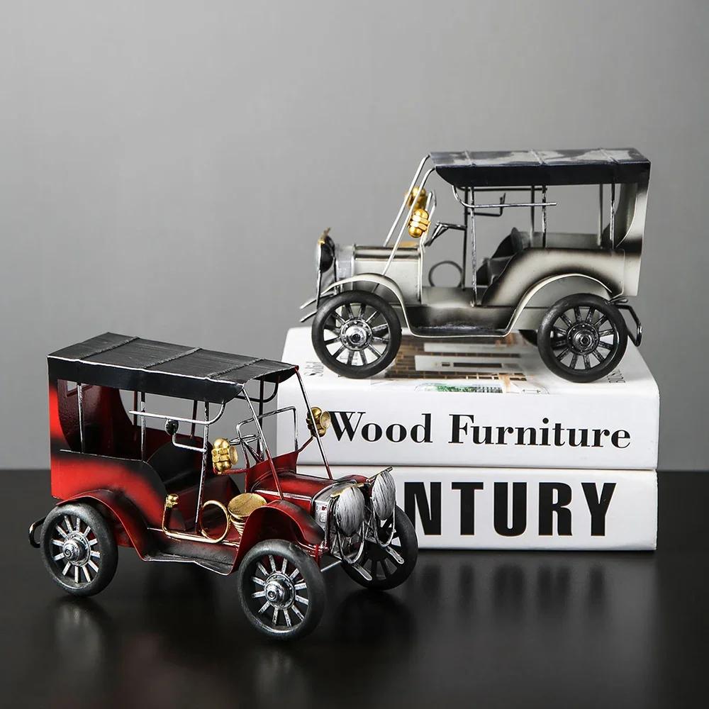 Antique Car Figurine Iron Art Ornament Home Decor Retro Living Room TV Cabinet Bookcase Office Desktop Accessories Crafts Gift