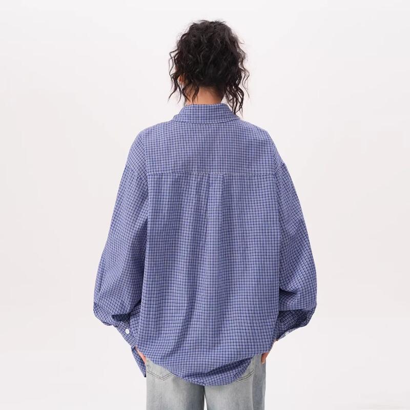 BWKA Unisex Amerikaans Retro Blauw Geruit Overhemd met Lange Mouwen