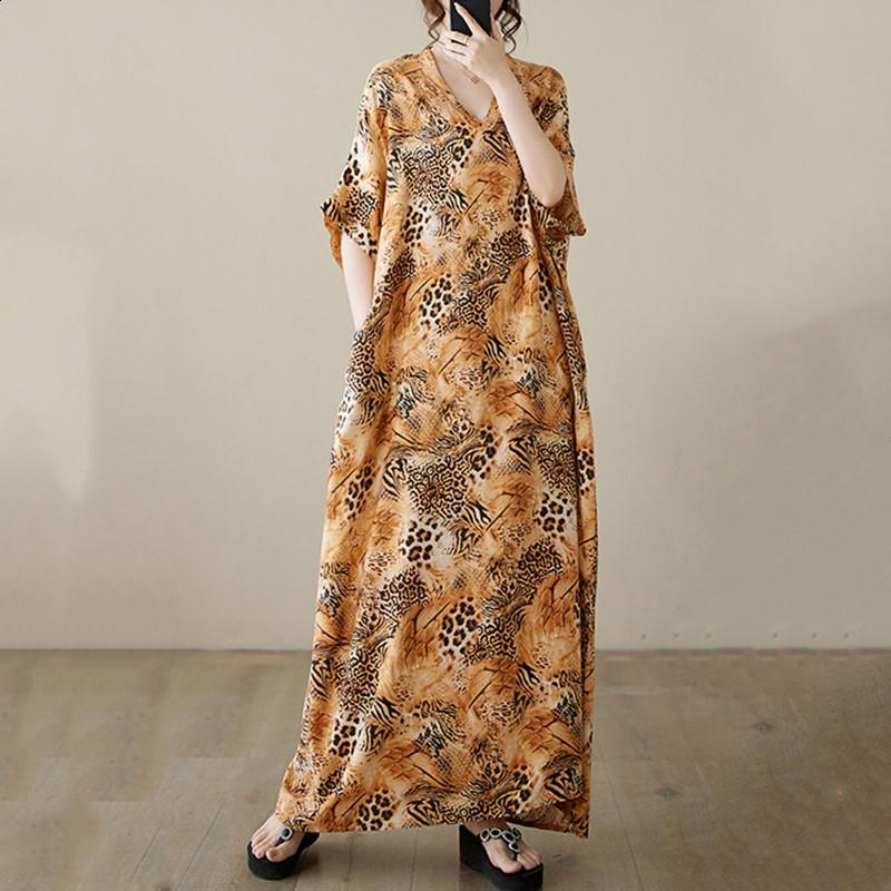 

Винтажное леопардовое платье больших размеров с коротким рукавом, новое женское повседневное свободное длинное летнее платье макси жёлтый
