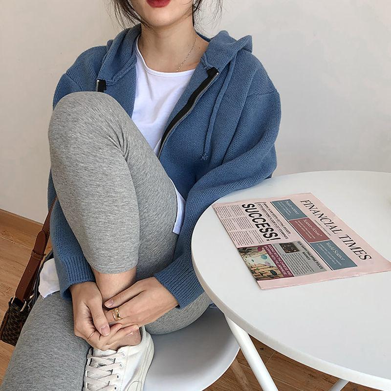 

Harajuku однотонный вязаный кардиган женский корейский вариант свитер на молнии с капюшоном ленивый ветер свободные универсальные укороченные топы пальто M синий