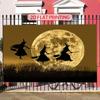 2D flat banner on the terrifying Halloween night featuring a dark shadowy witch flying on a broomstick.PMJ