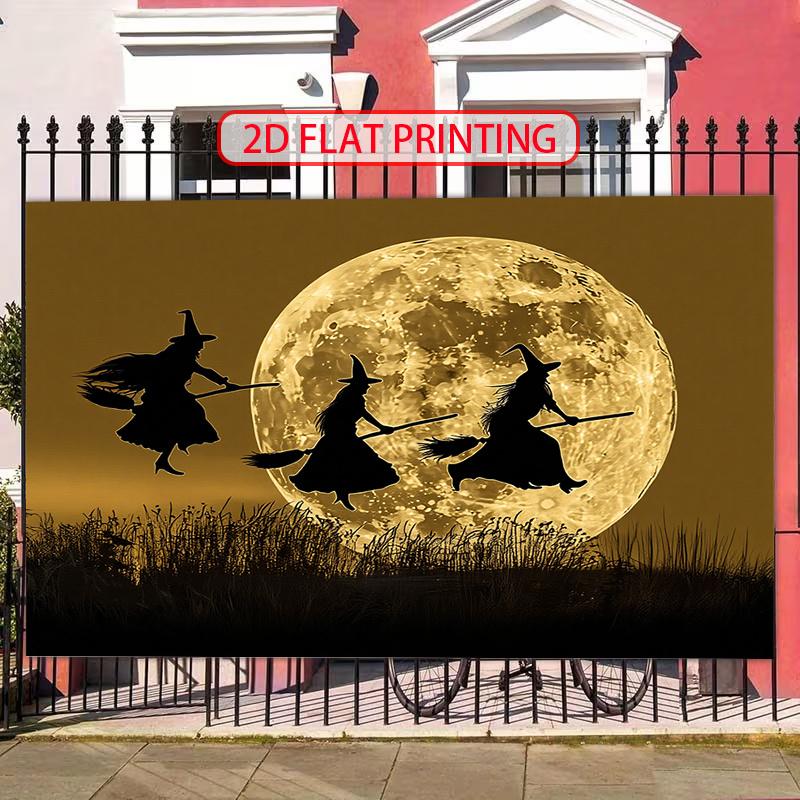 2D flat banner on the terrifying Halloween night featuring a dark shadowy witch flying on a broomstick.PMJ