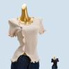 Wooden Ear Solid Color Rib Fabric Short Sleeve High Elastic Top Pullover Ice Silk Thin Women's Split Stylish