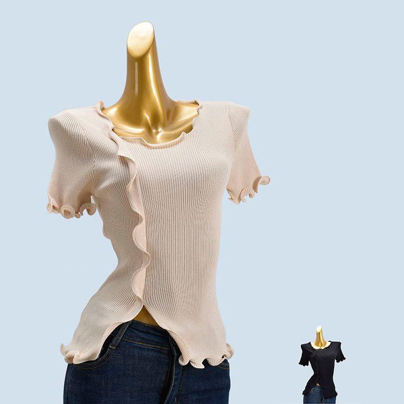 Wooden Ear Solid Color Rib Fabric Short Sleeve High Elastic Top Pullover Ice Silk Thin Women's Split Stylish