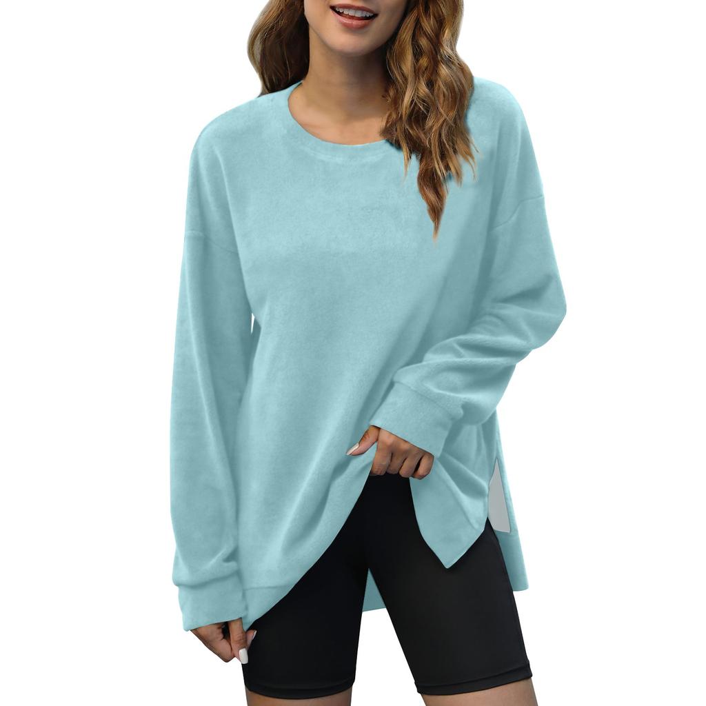 Women's Fashion Solid Color V-Neck Side Split Round Neck Pullover Long Sleeve Top Sweatshirt