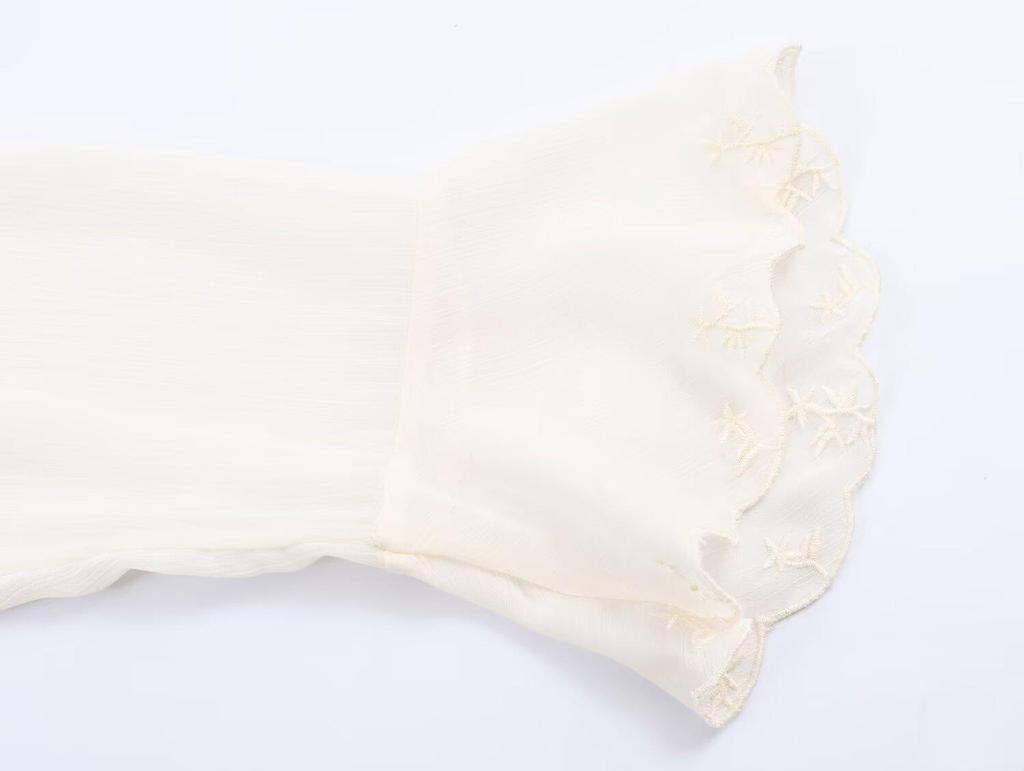 European & American Style Women's Chiffon Shirt with French Lace-up Waist, Embroidered Ruffles, and Long Sleeves