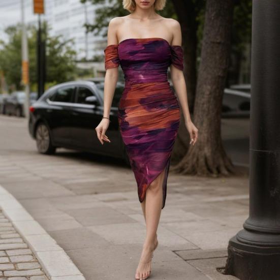 Women's Ruched Party Bodycon Midi Dress Strapless Dress Printed Backless Slit