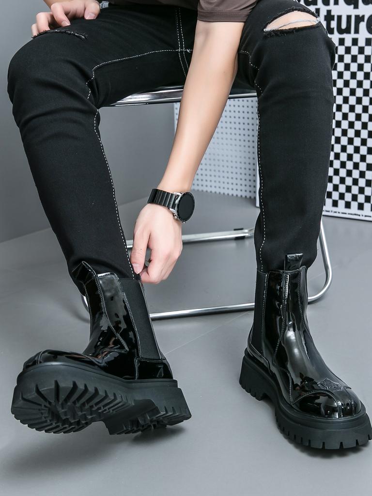 Men’s Chelsea Thick Sole Platform Punk Green Leather Boots Elevator Street Style Big Head Motorcycle Boots High Boots Plus Size