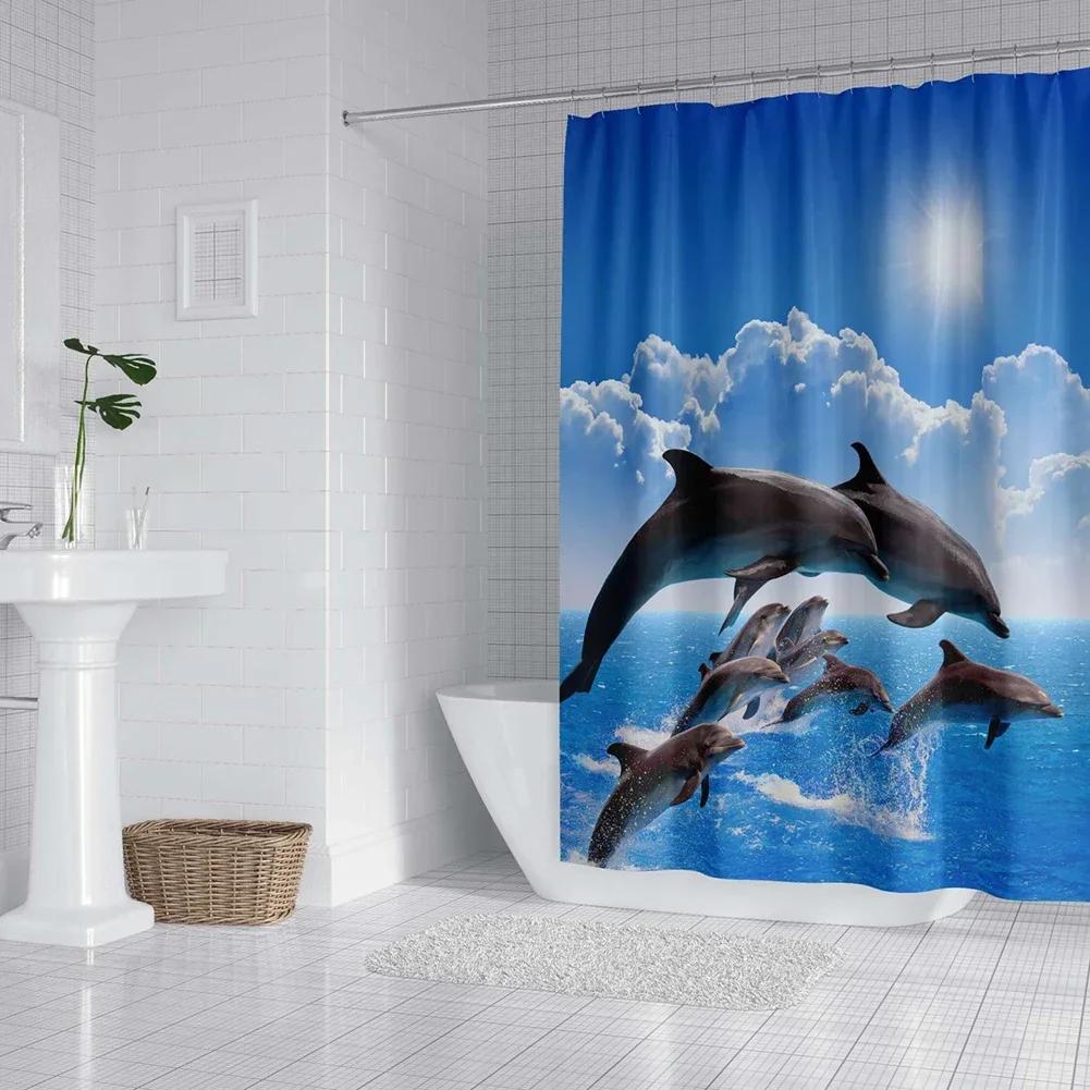 Ocean Underwater World Shower Curtains Set Dolphin Animal Cheerful Marine Life Scenery Polyester Fabric for Kids Bathroom Decor