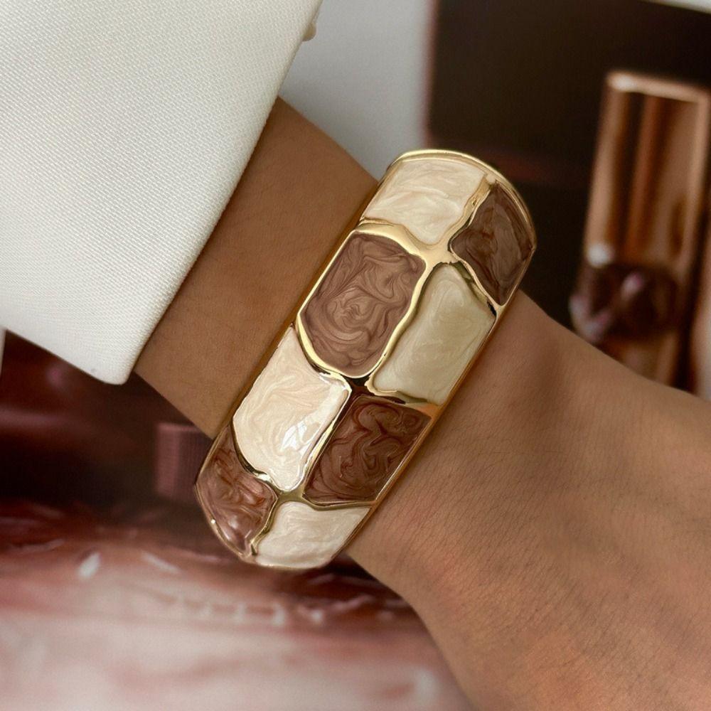 Geometric Striped Vintage Coffee Brown Enamel Wide Cuff Bracelet Open Bracelet Daily Party