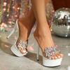 Fashion 13/15CM Thin High Heels Sandals With Rhinestone Women 2025 Summer Platform Party Shoes Platform Transparent PVC Dress Shoes