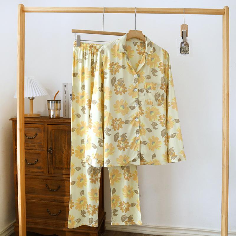 Spring and Summer New Women's Pajamas Set Cotton Silk Gongsatin High End Large Flower Home Furnishing Long Sleeve Pants