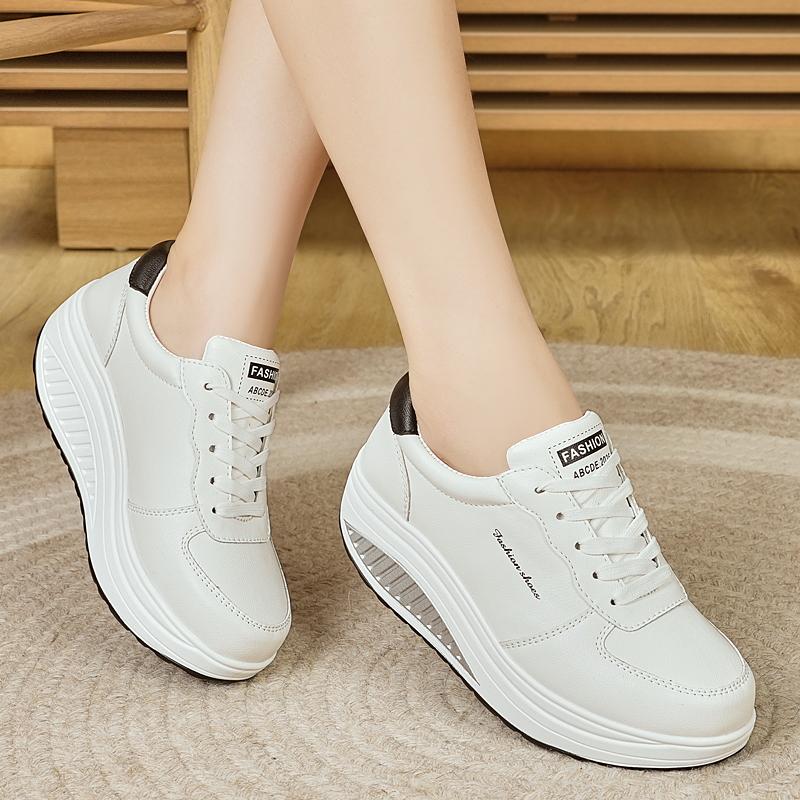Women Platform Casual White Leather Elevator Shoes Thick Sole Height Increase Sneakers