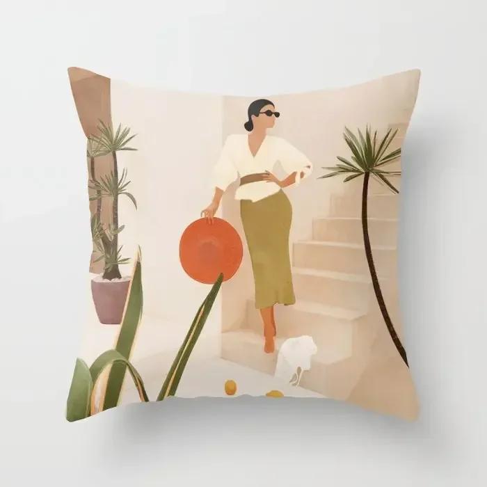 Yellow Orange Brown Abstract Art Cushion Covers Geometric Plants Sunrise Woman Portrait Painting Decoration Pillow Case 45x45cm