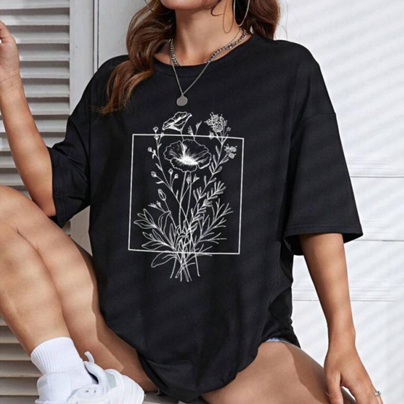 Women Summer Round Collar Cotton Oversize Flower Printed T Shirt - Fashion Short Sleeve Top