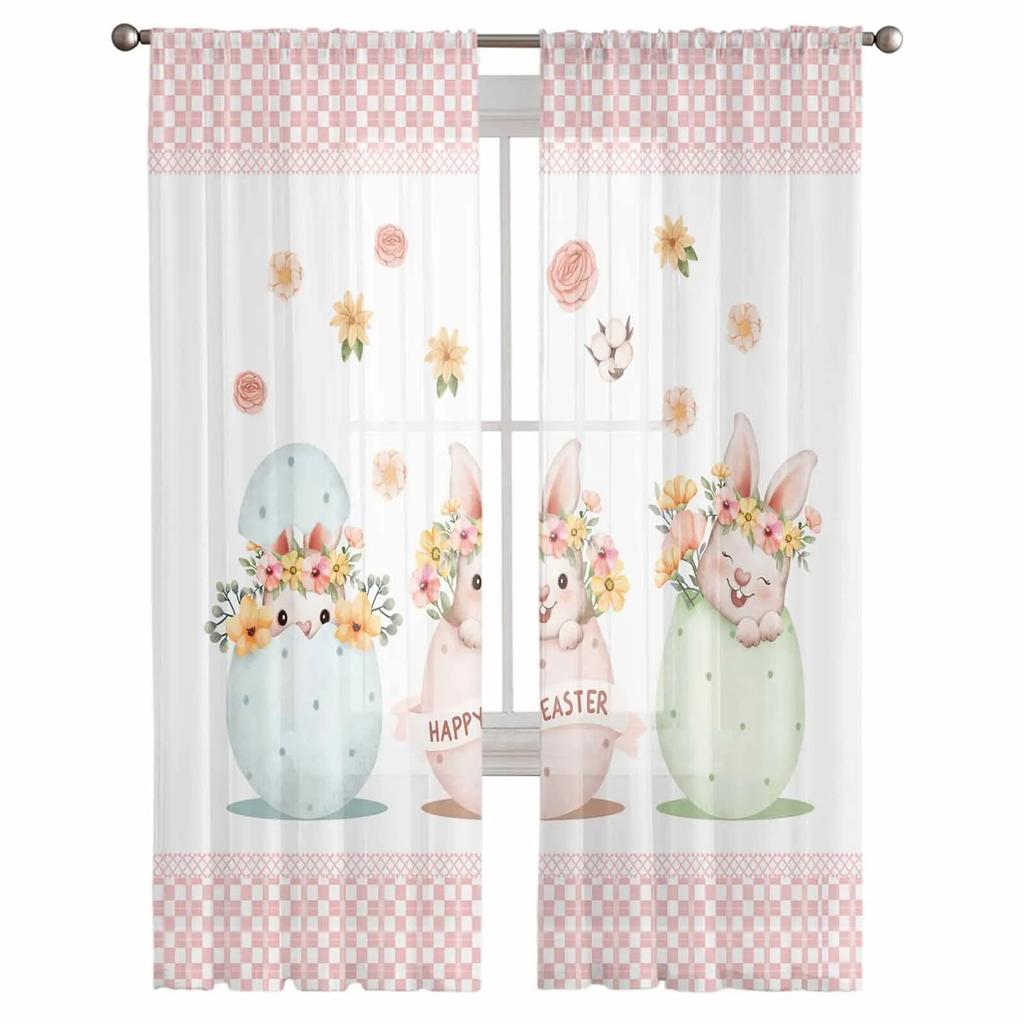 Easter Bunny Watercolor Flower Plaid Tulle Curtains For Living Room Sheer Curtain For Bedroom Kitchen Blinds Voile Curtains