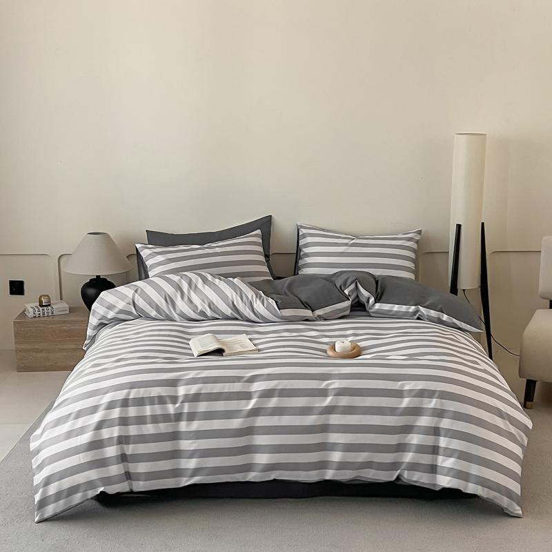 100% Cotton 3 Piece Bedding Set Soft Duvet Cover with 2 Pillowcases Solid Striped Checkered Print Skin Friendly