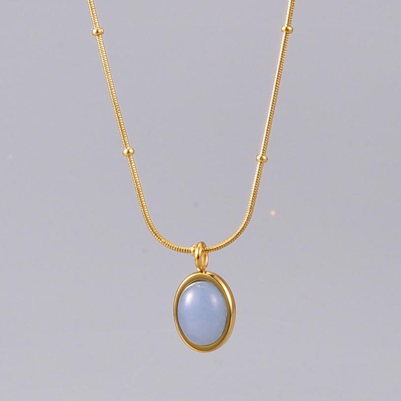 316L Stainless Steel New Fashion Fine Jewelry Oval Sea Blue Opal Beaded Charm Snake Chain Choker Necklaces Pendants For Women