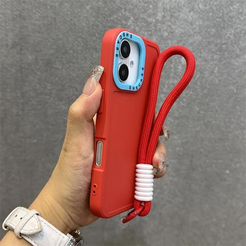 Fashion Lens Collision Color Wrist Strap Cases for iPhone 17 16 15 14 13 12 11 Pro Max Plus 17 Air Matte Silicone Lanyard Cover