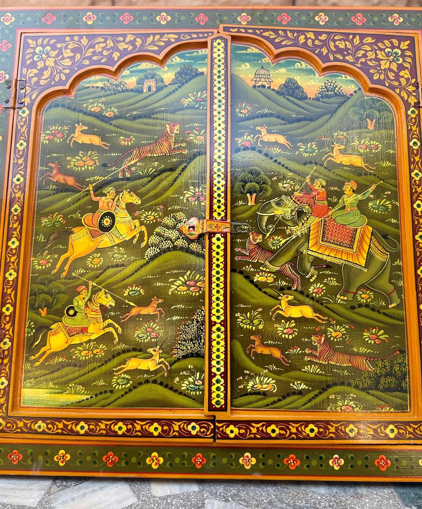 Handmade Wooden Jharokha Wall Hanging: Royal Hunting Scene, Festival Decor Frame