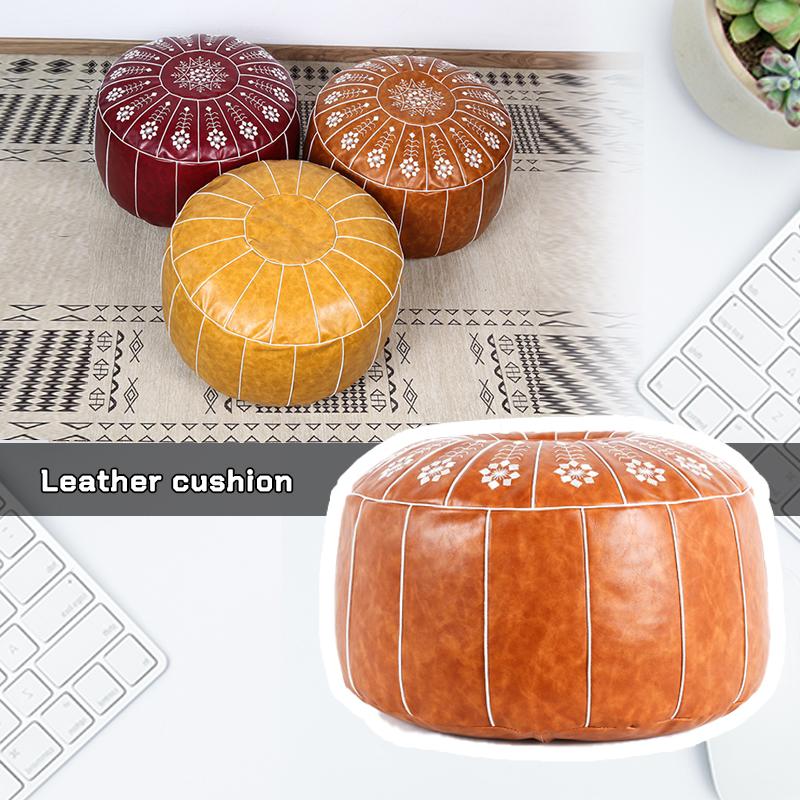 Nordic Style Moroccan Artificial Leather Pouf Craft Mandala Embroidery Ottoman Cover Footstool Round Unstuffed Cushion Cover