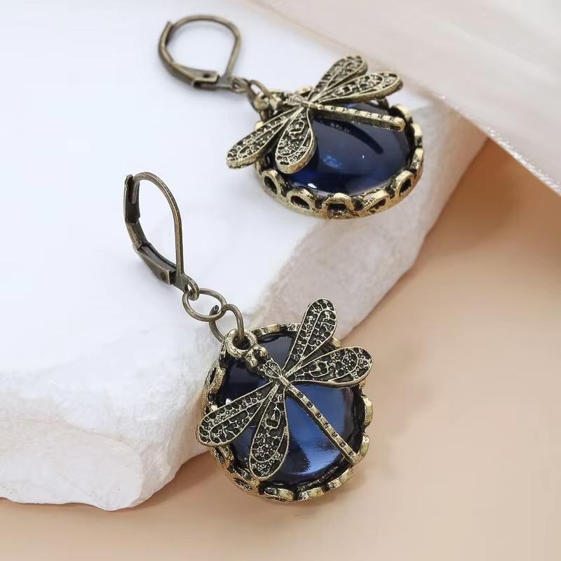 Vintage Dragonfly Drop Earrings for Women, Antique Bronze Blue Gem Dangle Earrings, Boho Retro Insect Statement Jewelry