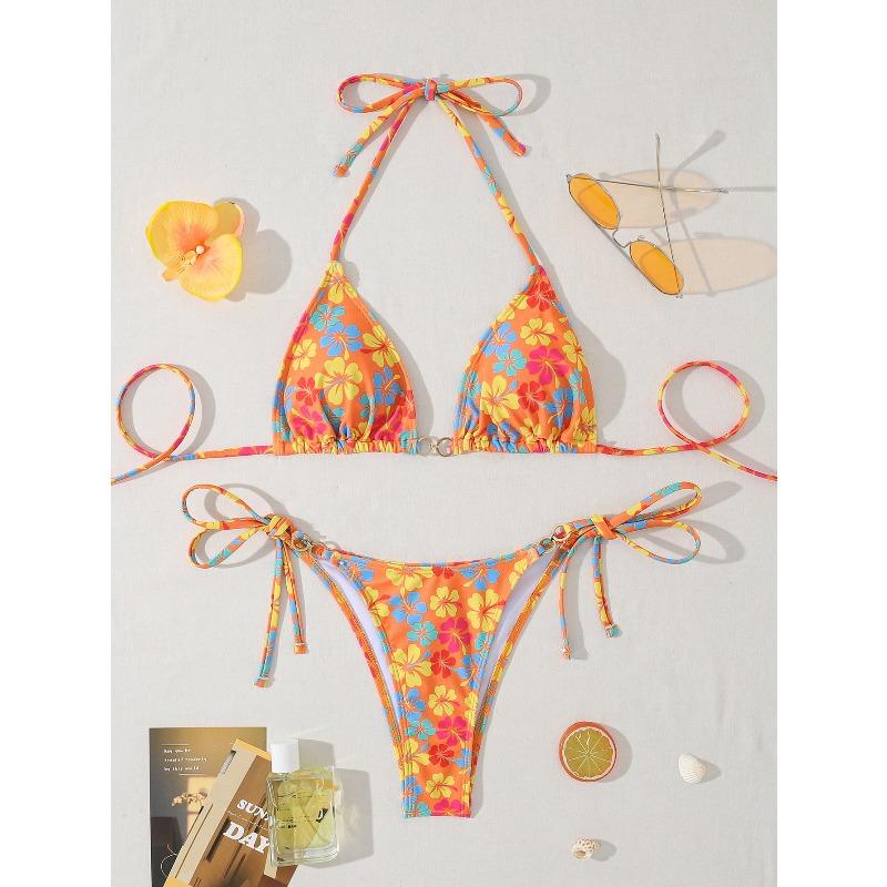 Women's Sexy Slim Fit Bikini Set, Tropical Print Halter Lace-up Triangle Swimsuit