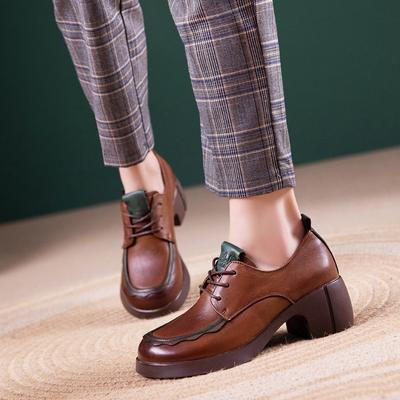 First Layer Cowhide Loafers Women's Spring and Autumn New British Style Retro Lace-up Wedge Small Leather Shoes Women's Shoes Single Shoes Women