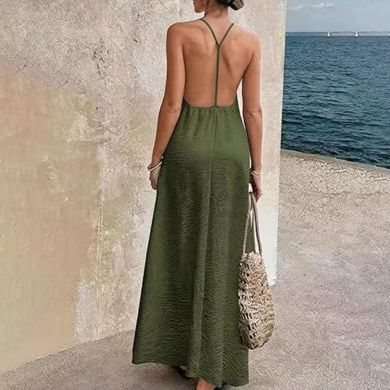 Abito Sexy da Donna Senza Schiena Scollo a V con Laccetto Senza Maniche Maxi Abito Estivo da Spiaggia Abito Lungo Ampio