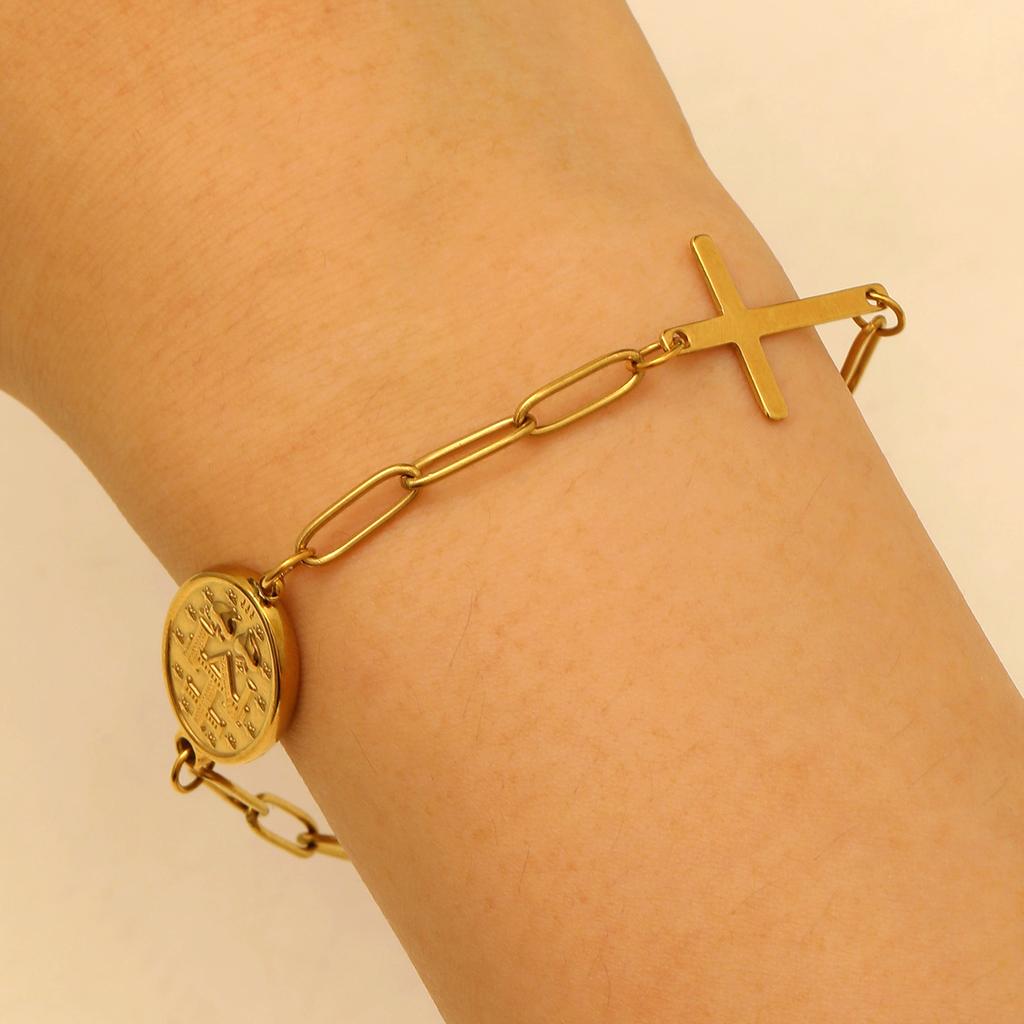 Ladies Virgin Mary is Cross Oval Stainless Steel Pendant, Bead Chain Ladies Bracelet Wholesale