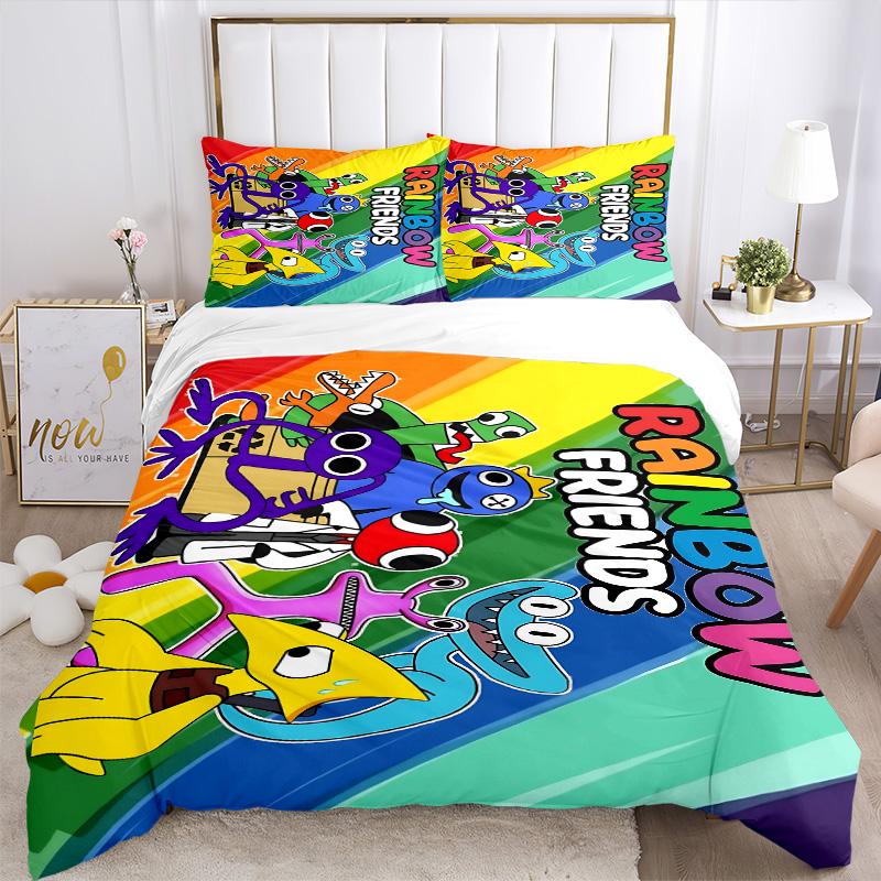 Colorful Rainbow Friends Characters Print 3Pcs Bedding Set,Duvet Cover with 2 Bedro,Pillowcase Home Birthday Gift