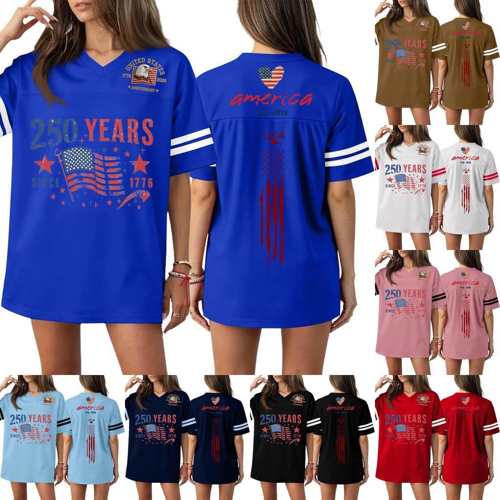 Damen Casual Mode V-Ausschnitt Sport Unabhängigkeitstag Druck Kurzarm Sport T-Shirt Top