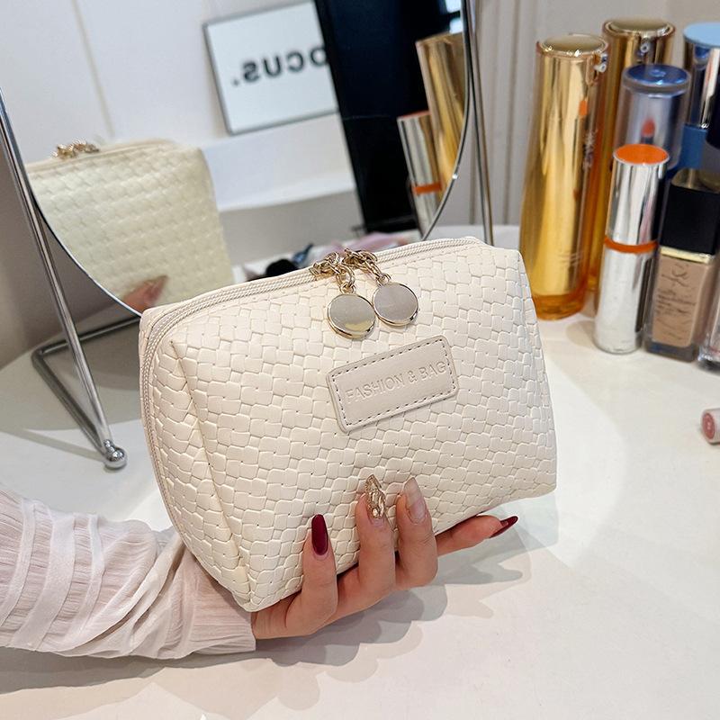 2026New Woven Texture, Premium Feel Pu Handheld Makeup Bag, Portable Cosmetic Organizer