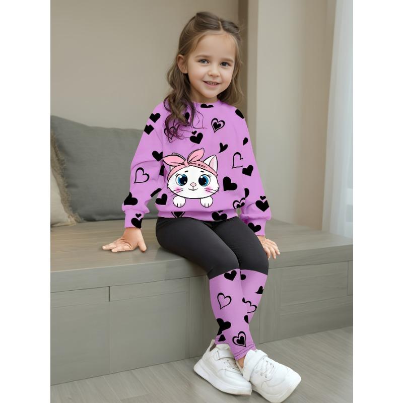 Girls' Summer New Arrival Fashion Heart Print Round Neck Long Sleeve T-Shirt + Casual Patchwork Pants Set with Cute Cat Pattern Two-Piece Outfit