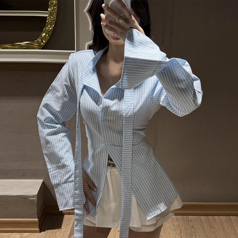 Damen Gestreiftes Asymmetrisches Langarmshirt Sexy V-Ausschnitt Seitliche Krawatte Wickel Casual Top