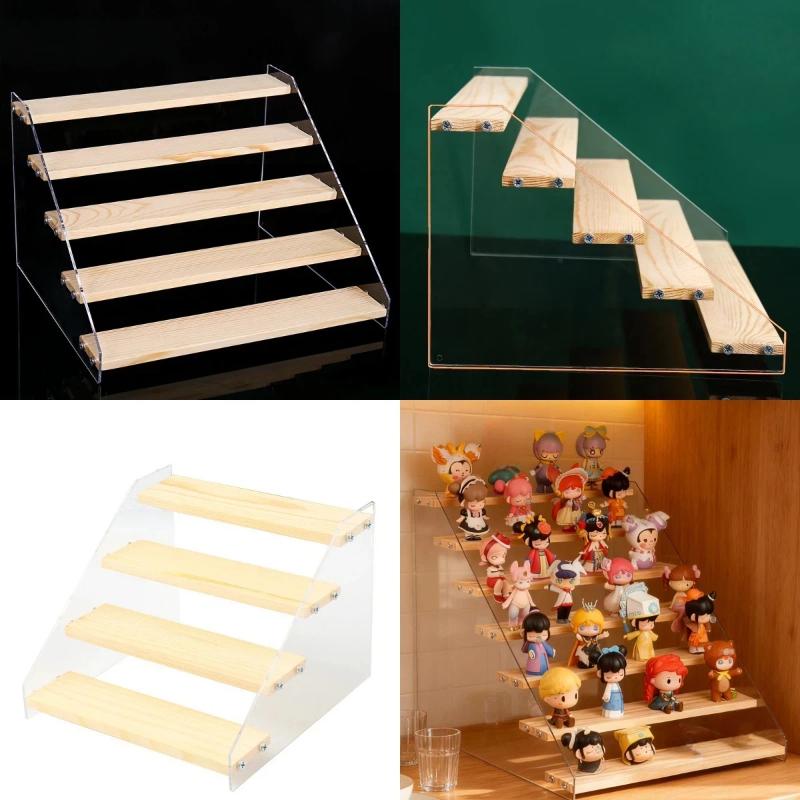 Acrylic Tiered Display Storage Shelf 2-5 Layers Wooden Ladder Organizer for Figure Collectible Showcase Use