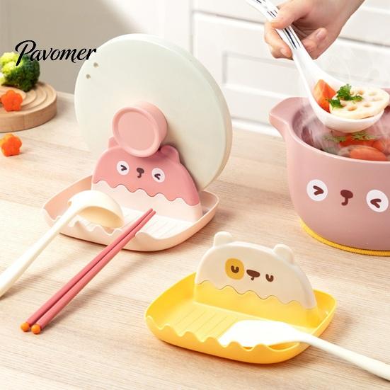 Cute Bear Pot Cover Stand Lid Holder And Spatula Rest, Cartoon Shape, Non-Slip Stable Utensil Rest for Spoons Plastic Organizer with Drain Groove