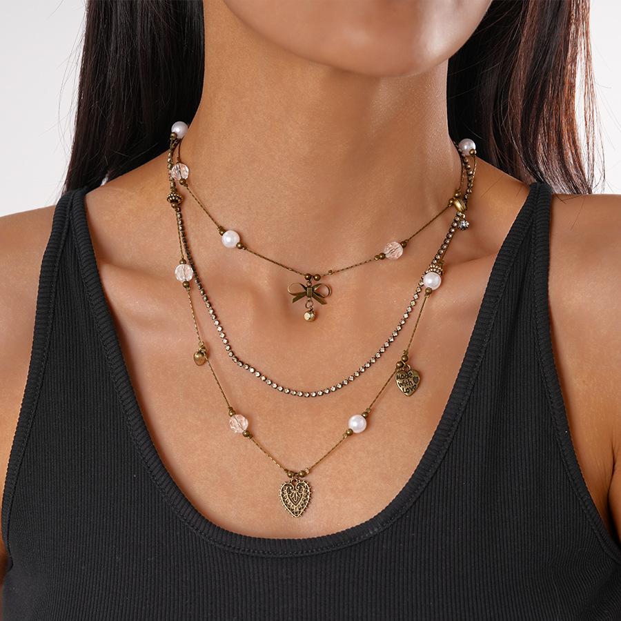 Diamond imitation pearl bow love multi-layer collarbone necklace temperament necklace