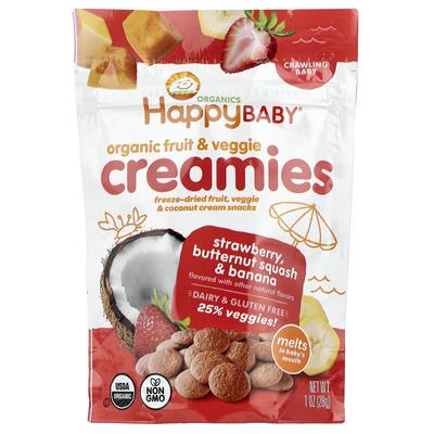 Happy Family Organics Happy Baby, Bio ovocný a zeleninový krémový, Lezoucí dítě, Jahoda, Máslová dýně a Banán, 1 oz (28 g)