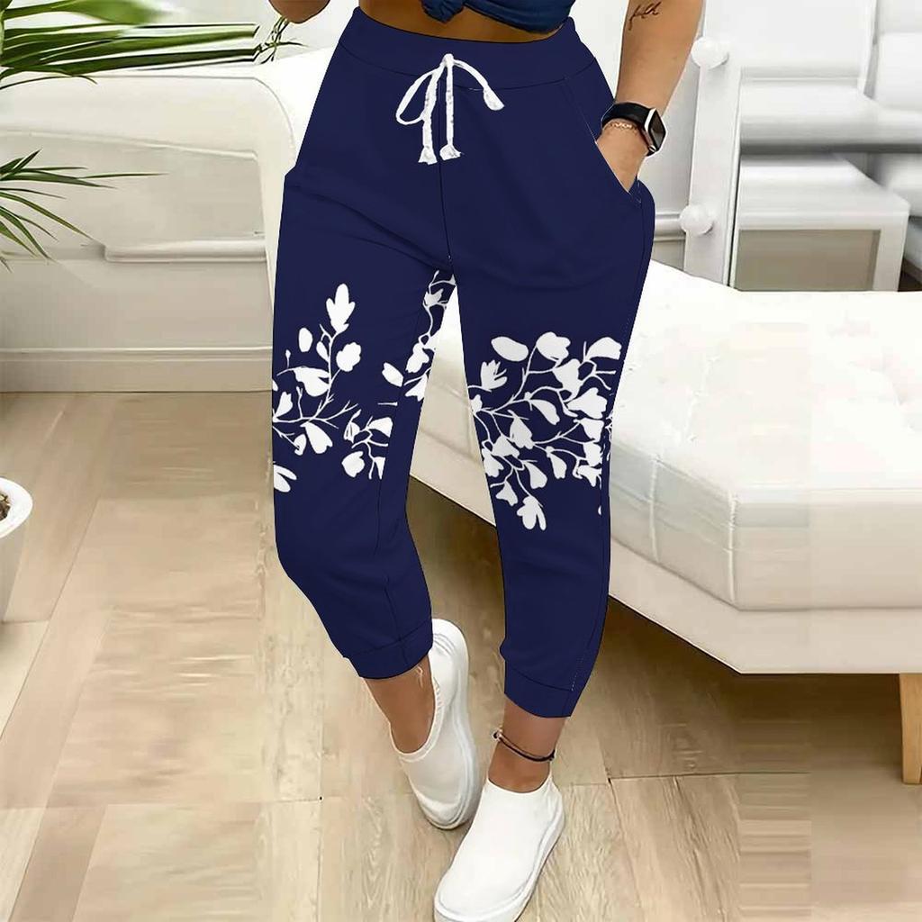 Summer Ladies Blue and White Porcelain Ink Wash Printed Sweatpants Loose Fit Drawstring Joggers Elastic Cuff Daily Casual Pants