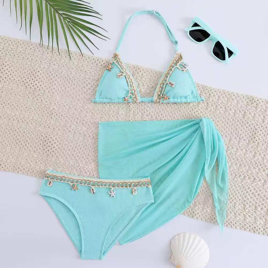 Mädchen Hochtailliertes Zweiteiliges Badeanzug-Set mit Netz-Rock-Überwurf Verstellbares Neckholder-Oberteil und Unterteil Badebekleidung für Kinder Strand Pool