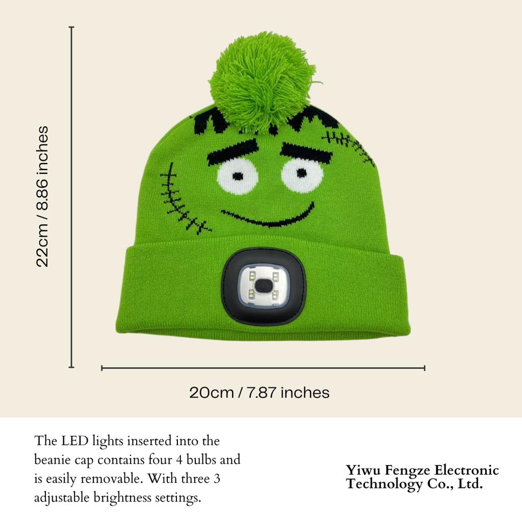 Novelty LED Beanie for Boys Factory Price Logo and Color Custom LOGO Cute Cartoon Green Knitted Hat with LED Headlamp