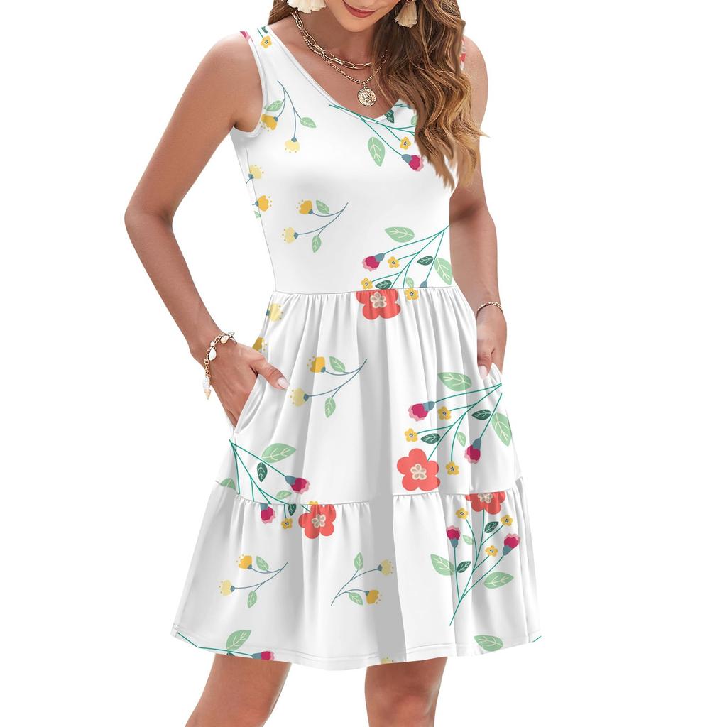 Women's Summer Fashion Casual V-neck Pleated Stitching Small Floral Print Sleeveless Vest Dress With Pockets