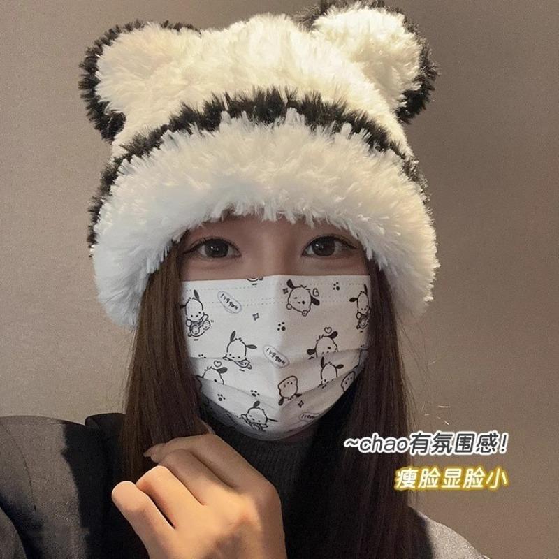 Plush hat female winter cute bear ears striped contrasting color new sweet contrasting color knitted wool hat