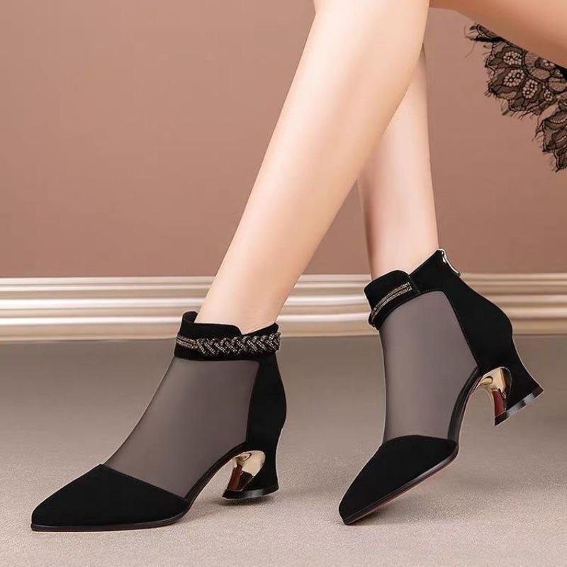 Pointed Toe Mesh Hollow Breathable Black With Medium Heels Women's Sandals Original New Anti Slip Hot Daily Ladies Shoes