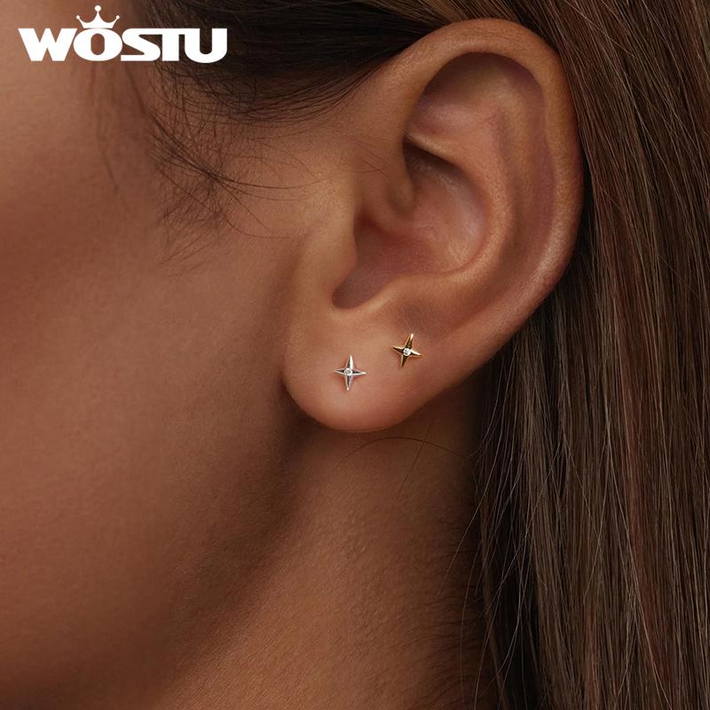 WOSTU 925 Sterling Silver Mini Star Stud Earrings For Women 18K Gold Cubic Zircon Wedding Engagement Earring Jewelry Minimalism