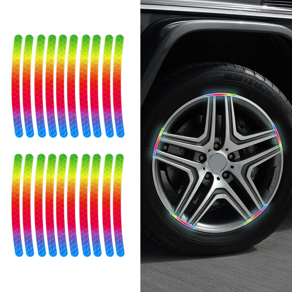 20pcs/set Colorful Reflective Car Stickers Safety Warning Adhesive Reflectors Tapes Stripe Exterior Decoration For Vehicle Wheel