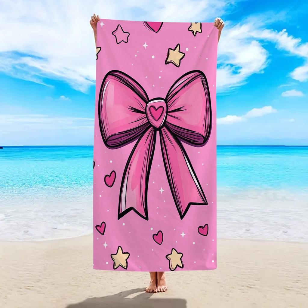 Pink Bow Print Beach Towel Quick Dry Sand Free Cute Star Heart Pattern Lightweight Towel for Girls Beach Pool Travel Camping